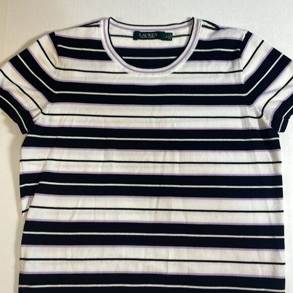 Ralph Lauren Women’s Purple and Black Striped Short Sleeve Sweater Preppy Size M - Picture 3 of 8